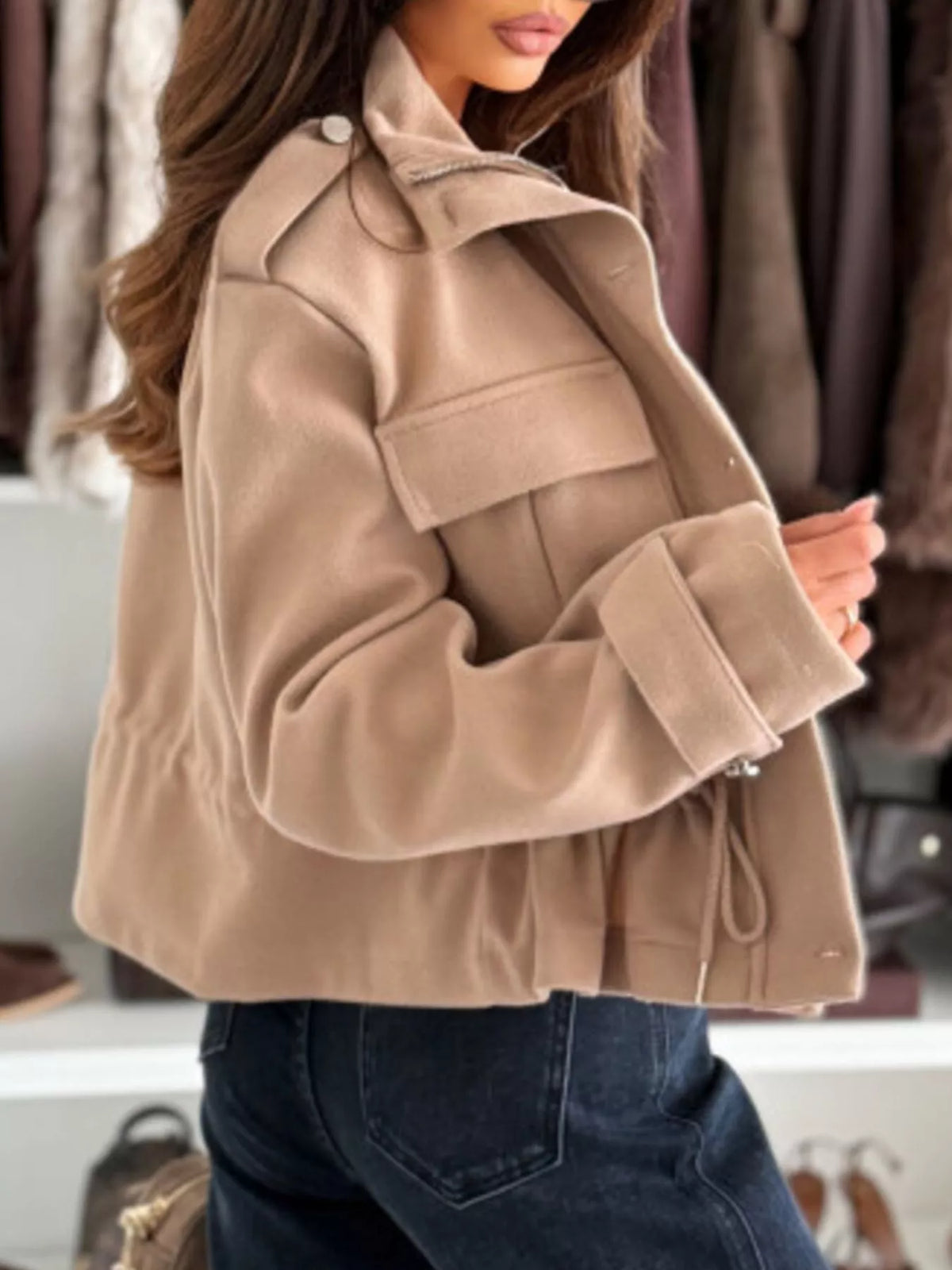 Drawstring Button-Up Casual Jacket