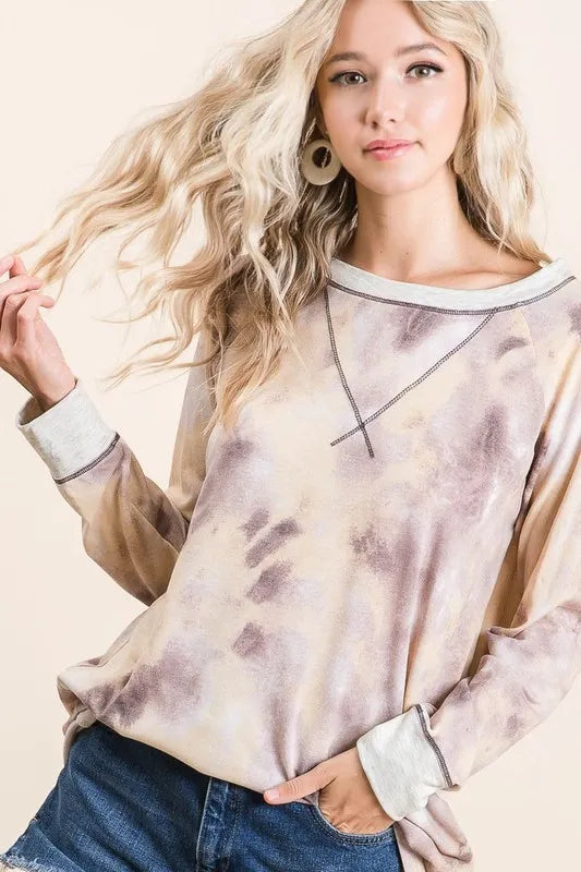 BiBi Tie Dye Terry Pull Over With Contrast Stitching