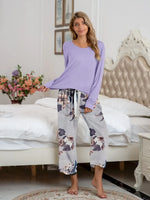 Round Neck Top and Printed Pants Lounge Set - Ladyez