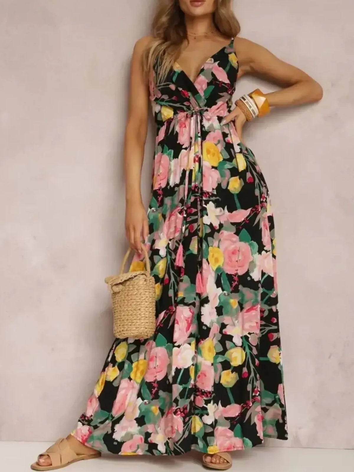Floral Print Surplice Spaghetti Strap Maxi Dress - Ladyez