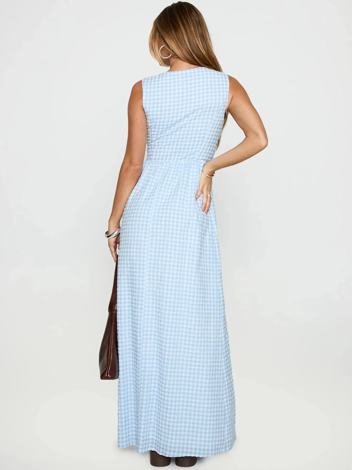 Plaid Tie Front Sleeveless Maxi Dress - Ladyez