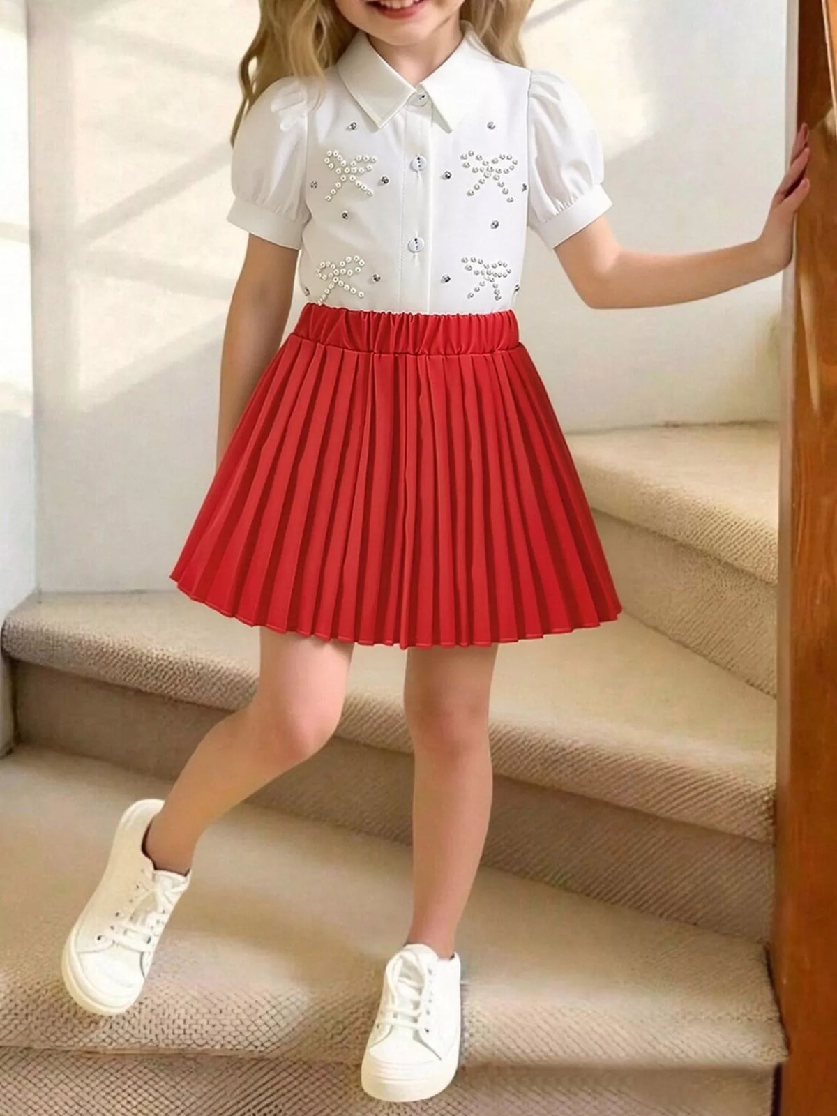 Children's Bow-Embellished Top & Pleated Skirt Set