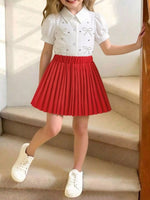 Children's Bow-Embellished Top & Pleated Skirt Set