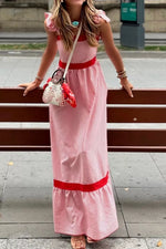 Stripe Bow Knot Straps Contrast Trim High Waist Ruffle Hem Maxi Dress