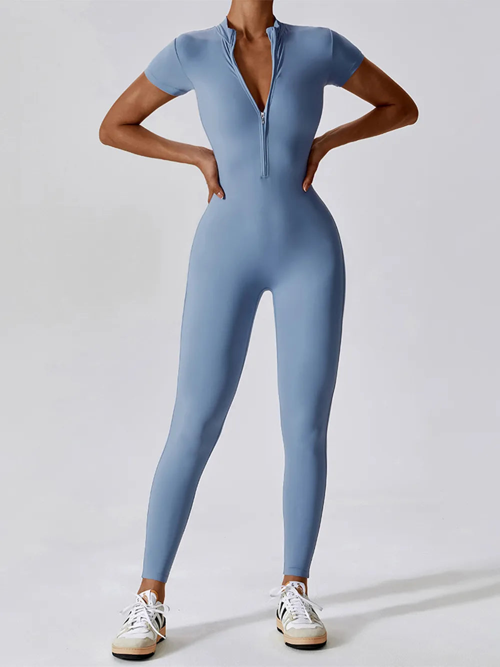 Basic Bae Half Zip Short Sleeve Active Jumpsuit - Ladyez