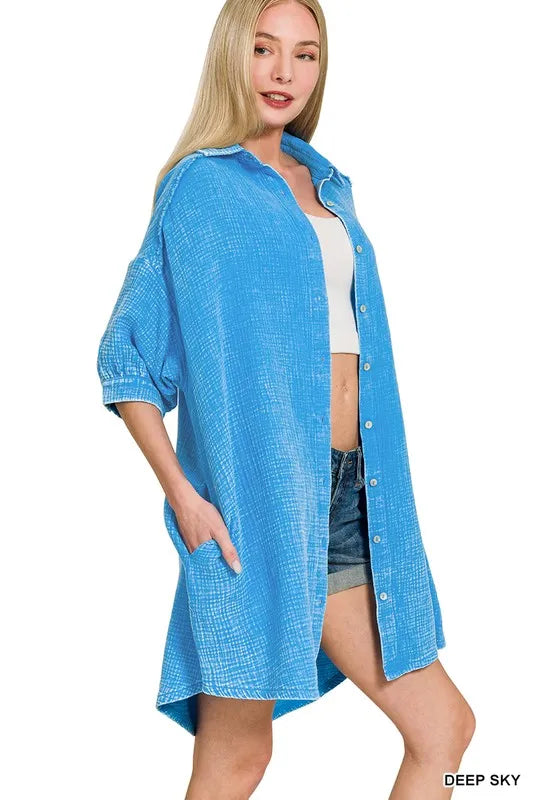 Zenana Washed Double Gauze Button Down Shirt Dress