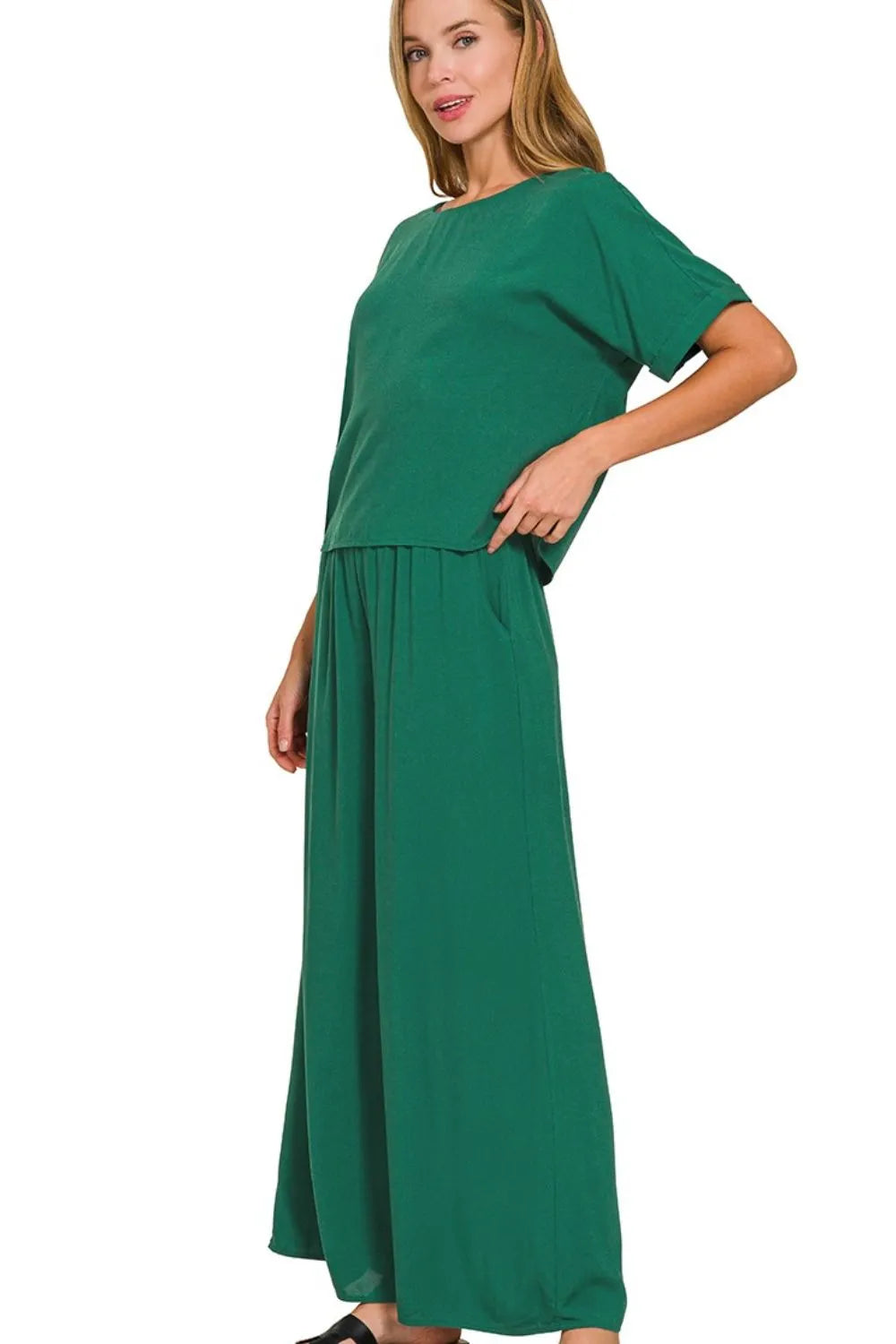 Zenana Round Neck T-Shirt and Wide Leg Pants Set - Ladyez