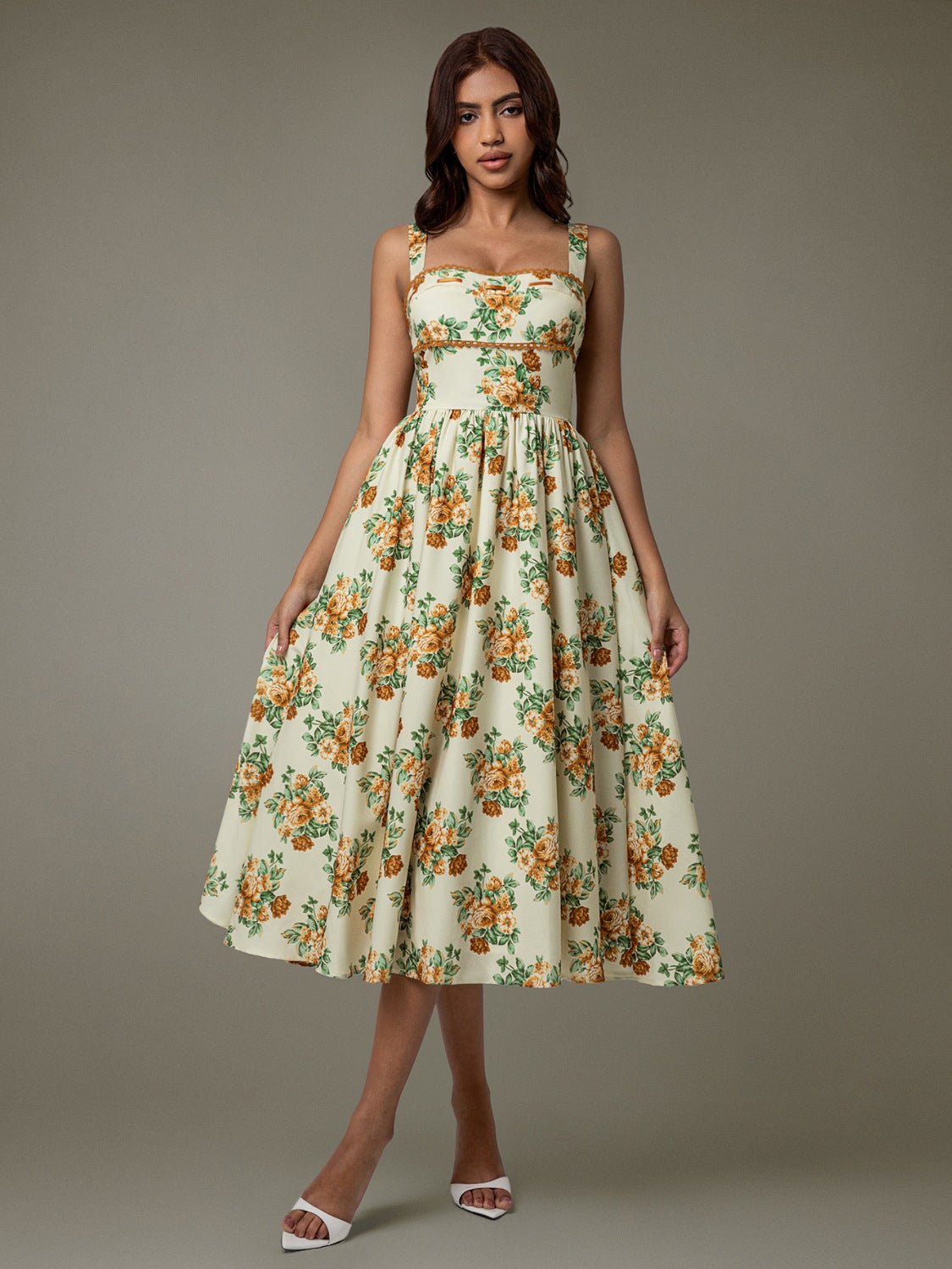 Lace Trim Floral Sleeveless Midi Dress - Ladyez