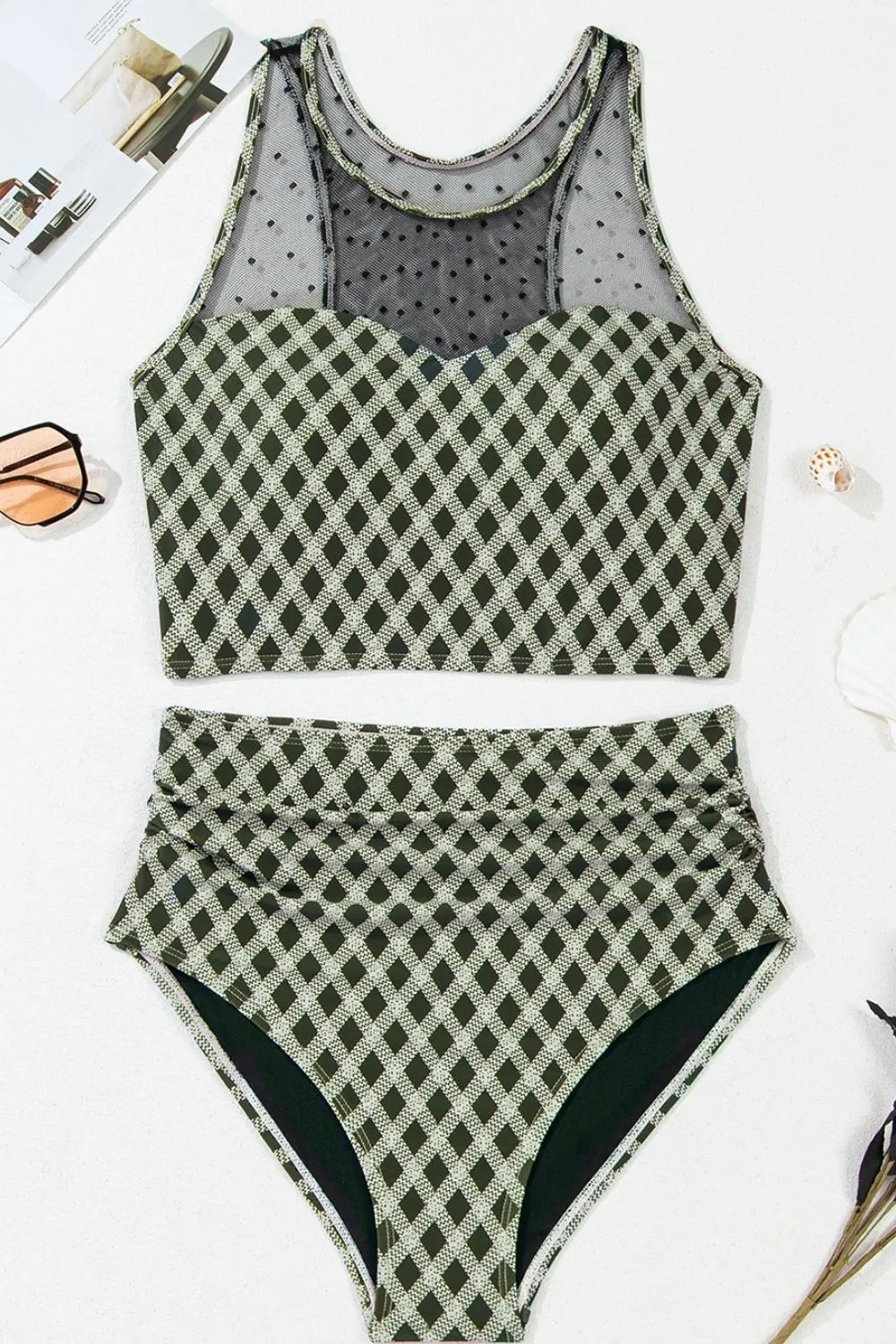 Dotted Mesh Plaid Patchwork High Waisted Swim Set - Ladyez
