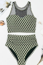 Dotted Mesh Plaid Patchwork High Waisted Swim Set - Ladyez