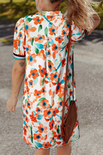 Contrast Trim Floral Split Neck Puff Short Sleeve Tiered Mini Dress