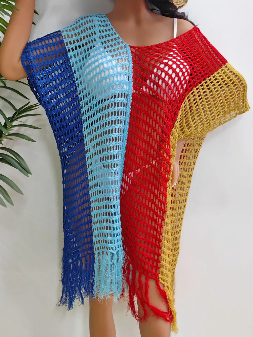 Fringe Color Block Scoop Neck Cover Up - Ladyez