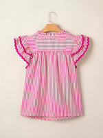 Stripe Shirred Yoke Ruffled Short Sleeve Blouse