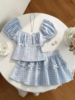 Plaid Puff Sleeve Blouse and Skirt Set