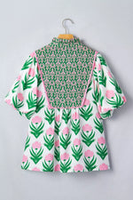 Multicolour Floral Print Puff Sleeve Contrast Bordered V Neck Blouse