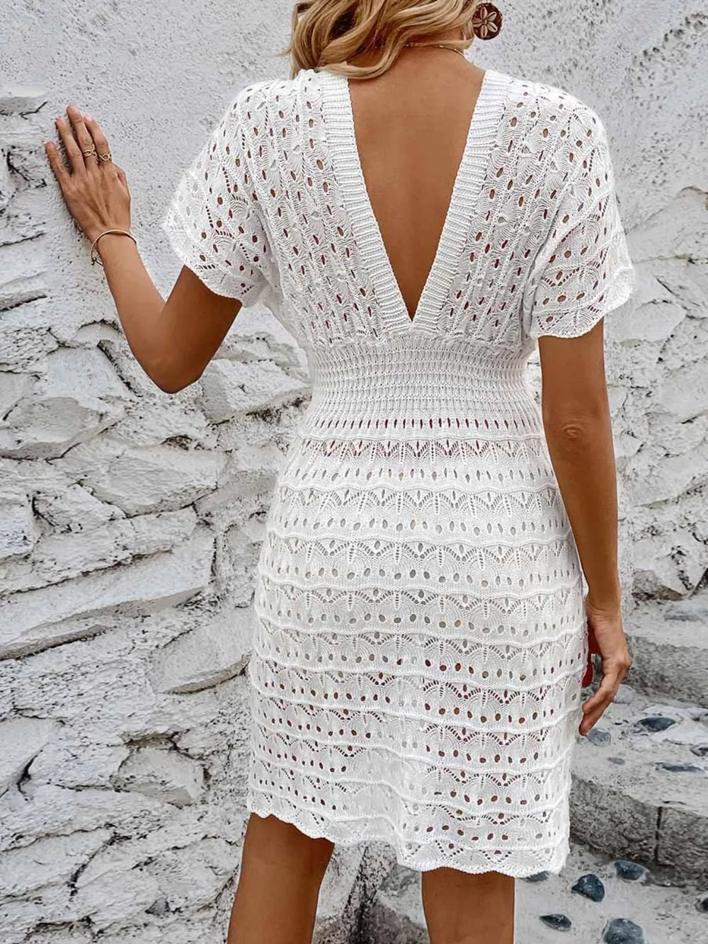 Openwork Plunge Short Sleeve Cover-Up Dress - Ladyez