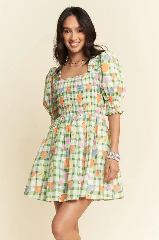 Davi & Dani Fruits Printed Smocking Mini Dress - Ladyez