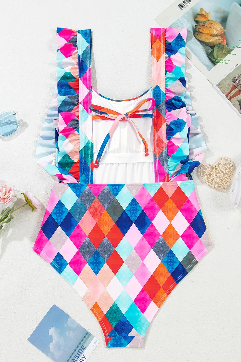 Multicolor Plaid Print Square Neck Frill Sleeveless Backless One-Piece Swimwear - Ladyez