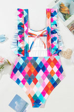Multicolor Plaid Print Square Neck Frill Sleeveless Backless One-Piece Swimwear - Ladyez