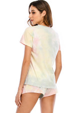 Tie-Dye Round Neck Short Sleeve Top and Shorts Lounge Set - Ladyez