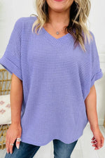V Neck Short Sleeve Plus Size Waffle Knit Top