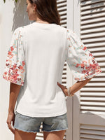 Ribbed Texture Floral Print Half Sleeve Patchwork Top