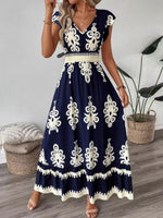 Printed V-Neck Ruffled Cap Sleeve Dress