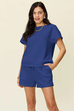 Double Take Full Size Texture Short Sleeve T-Shirt and Drawstring Shorts Set - Ladyez