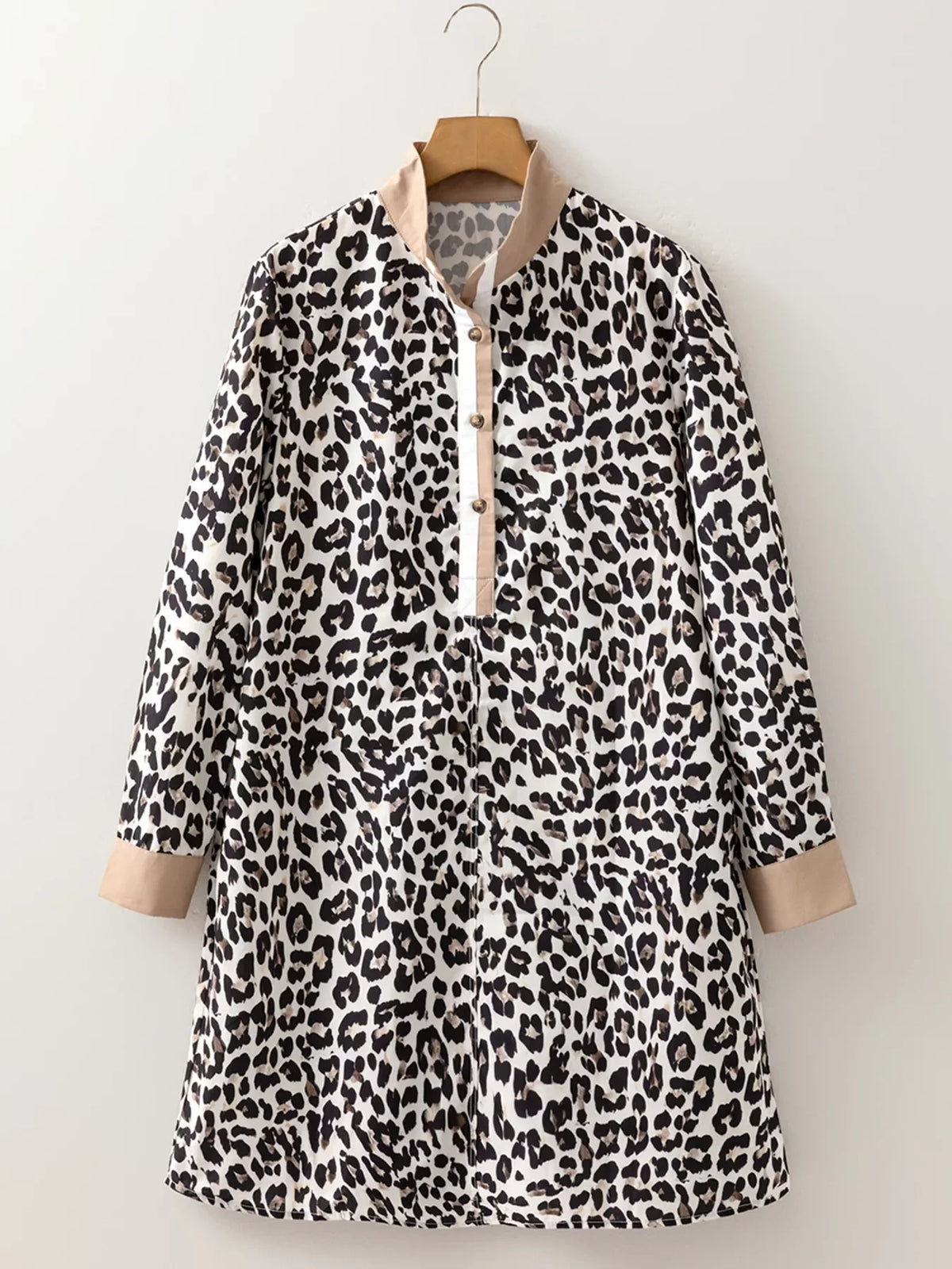 Striped Collar Leopard Print Long Sleeve Flared Dress