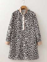 Striped Collar Leopard Print Long Sleeve Flared Dress