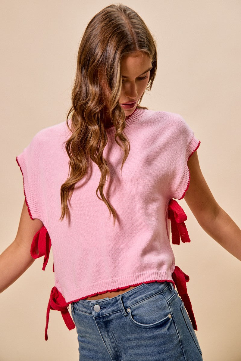 SO ME Lightweight Sweater Dolman Side Ribbon Tie Top