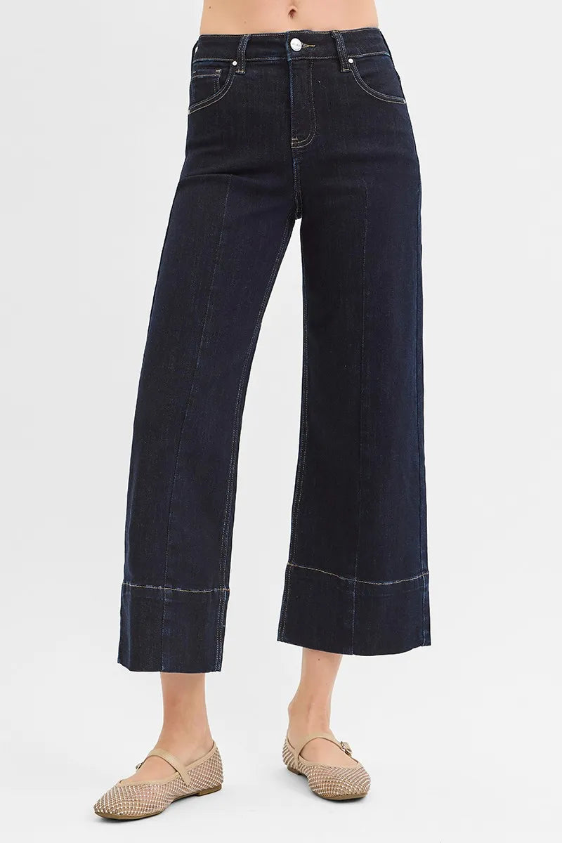 RISEN Tummy Control High Rise Crop Wide Seam Detailed Jeans - Ladyez