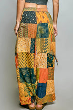 POL Printed Patchwork Wide Leg Pants with Adjustable Side Drawstring
