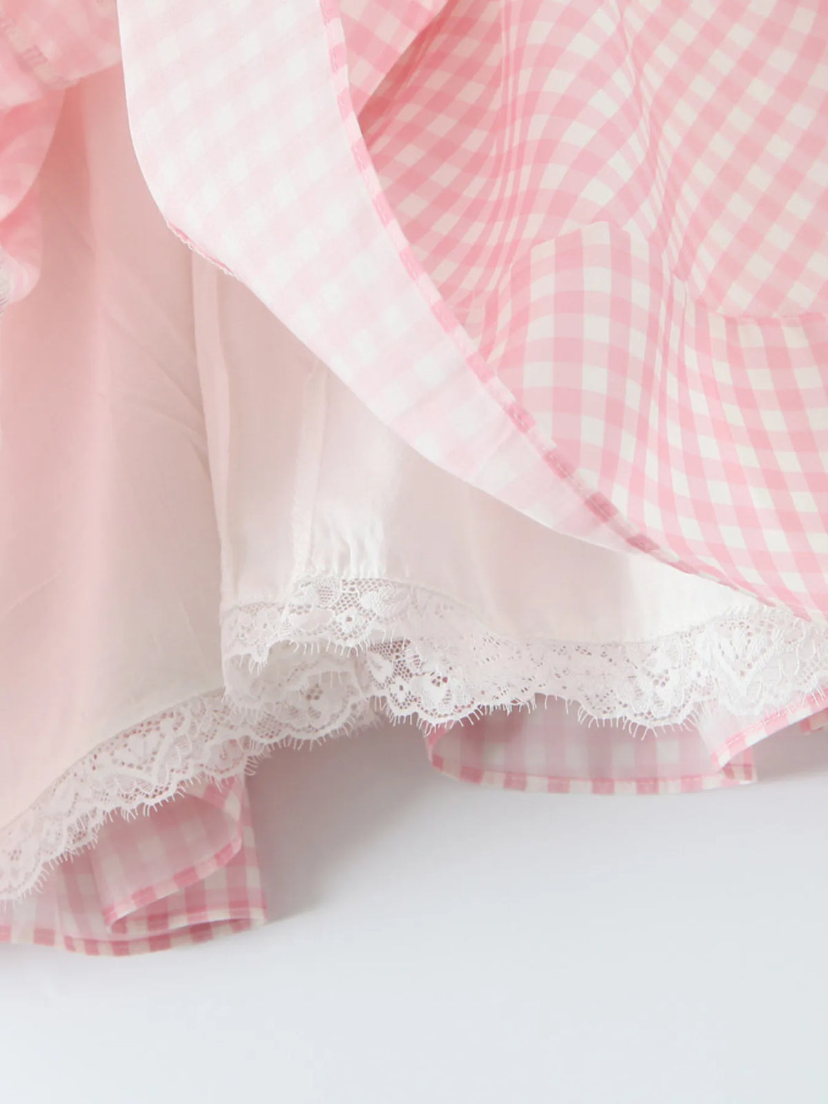 Gingham Ruffle Mini Dress with Lace Trim - Ladyez