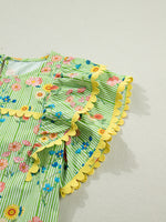 Stripe Floral Printed Scalloped Detail Ruffle Short Sleeve Blouse