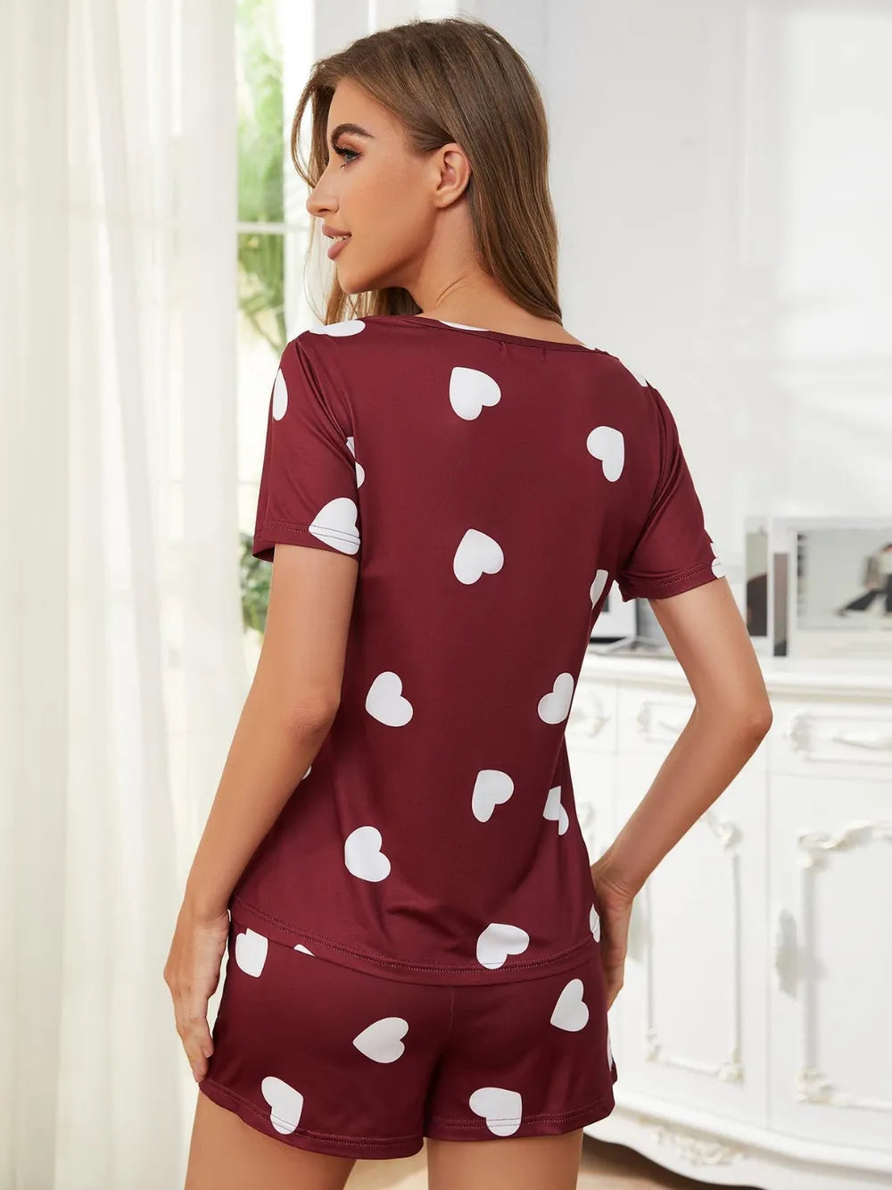 Heart Round Neck Top and Shorts Lounge Set - Ladyez