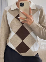 Argyle Patterned Polo Collar Sweater