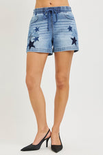 RISEN Elastic Band Slouchy Denim Shorts with Star Patched Details