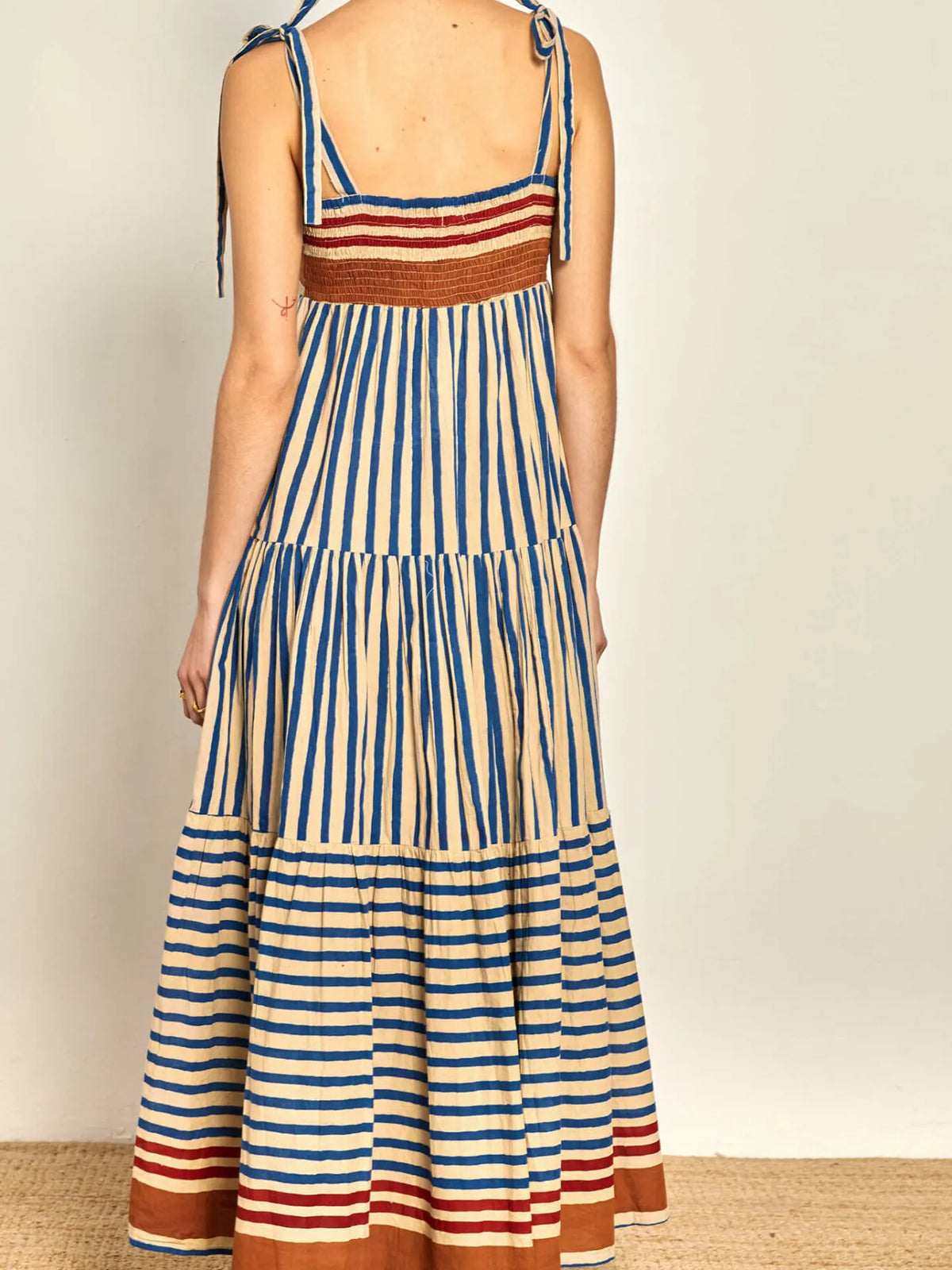 Striped Tie-Shoulder Tiered Maxi Dress - Ladyez