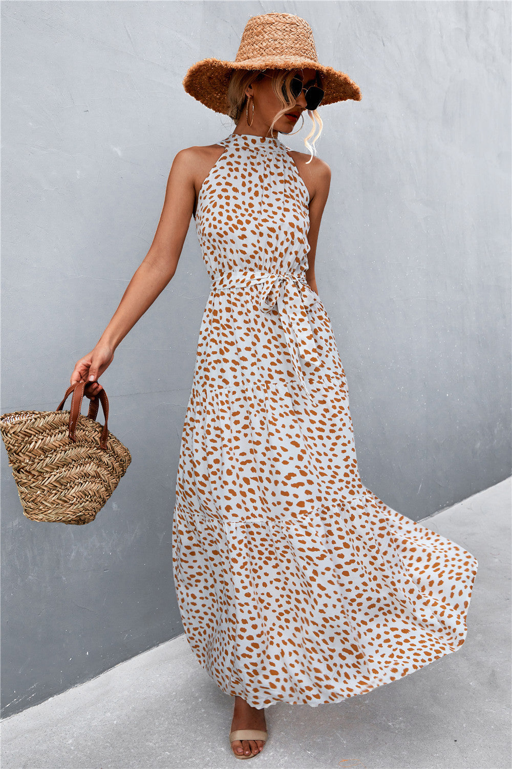 Printed Sleeveless Tie Waist Maxi Dress - Ladyez