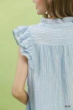 Umgee Textured Ruffle Sleeve Split V Neck Top