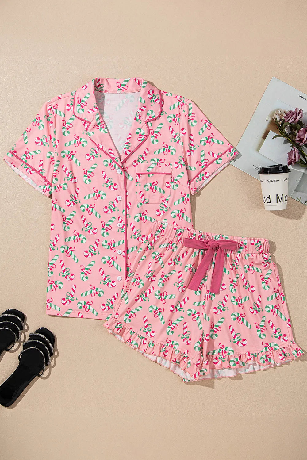 Candy Cane Collared Neck Top and Shorts Lounge Set - Ladyez