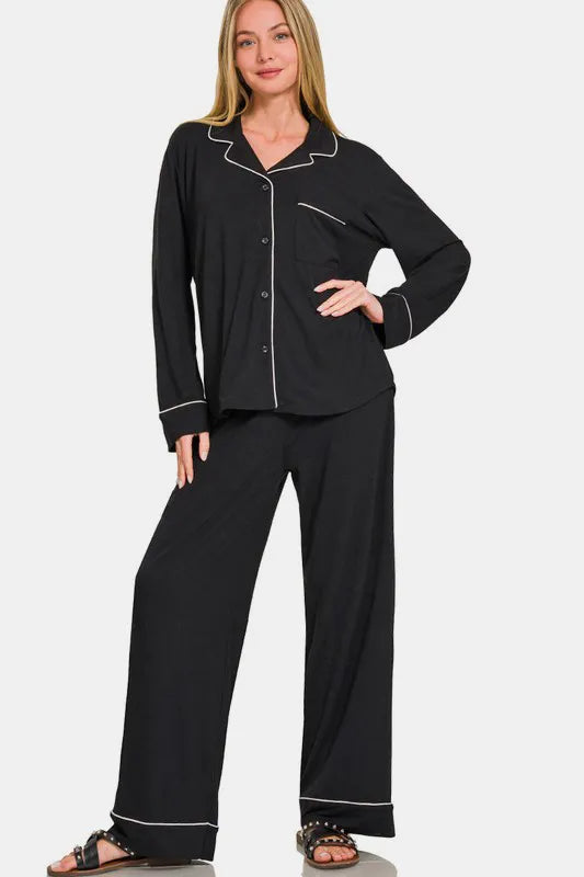 Zenana Button Down Long Sleeve Top and Pants Lounge Set - Ladyez