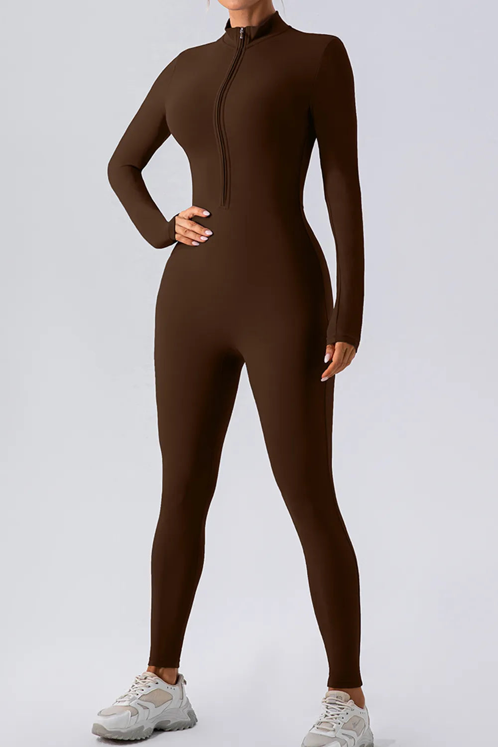 Half Zip Mock Neck Active Jumpsuit - Ladyez