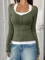 Scoop Neck Long Sleeve Fake Two-Piece T-Shirt
