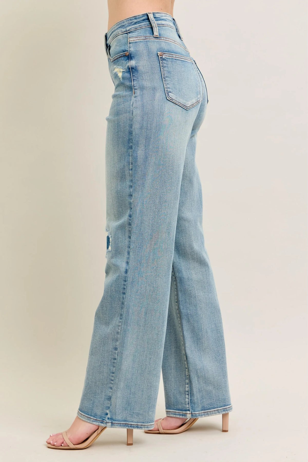 Judy Blue Full Size Hw Destroy & Knee Patch Straight Jeans Plus Size - Ladyez