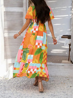 Devine Smocked Printed V-Neck Short Sleeve Maxi Dress
