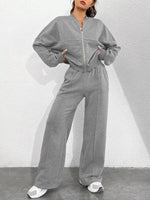 Casual Solid Color Zipper Jacket and Wide Leg Pants Set