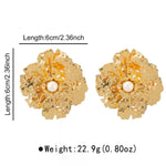 Gold Textured Flower Pearl Center Statement Earrings