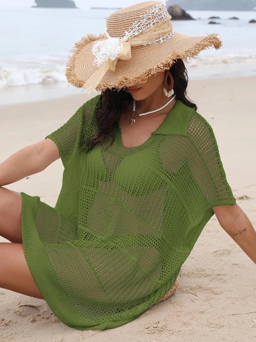Hollow Out Collared Neck Cover-Up - Ladyez
